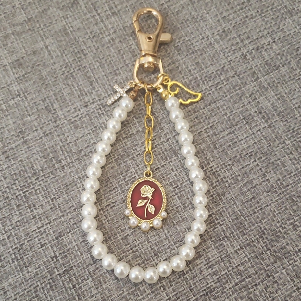 Elegant Pearl Bag Charm with Rose Charm